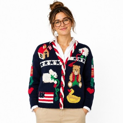Eagles Eye Hand Knit Chunky Christmas Cardigan M Teacher Artsy Vintage Americana