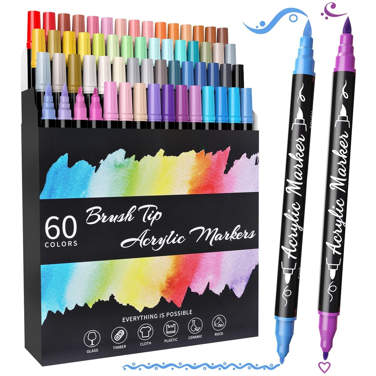 60 Colors Acrylic Paint Markers, Waterproof Dual Tip Acrylic Paint