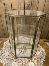 Vintage 8.5” Glass & Brass Jewelry/Mini Display Curio Case Cabinet Octagon