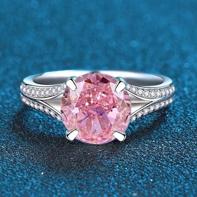 Certified 3ct Round Lab Grown Pink Diamond Ring, 18K Gold Vermeil Split Shank