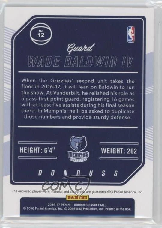 2016 Panini Donruss Rookie Materials Signatures /75 Wade Baldwin IV #12 Auto RC - Image 2 of 2