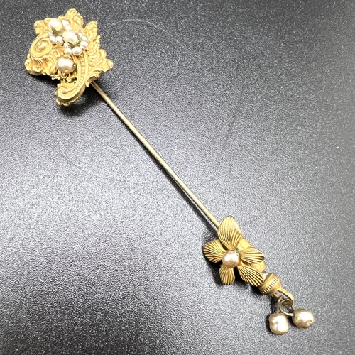 VTG Signed MIRIAM HASKELL STICK PIN Baroque Pearls/Gold w/original stopper - EUC