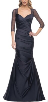La Femme Navy Blue Mermaid Satin Illusion Beaded Sleeve Gown RUN SMALL MSRP $558