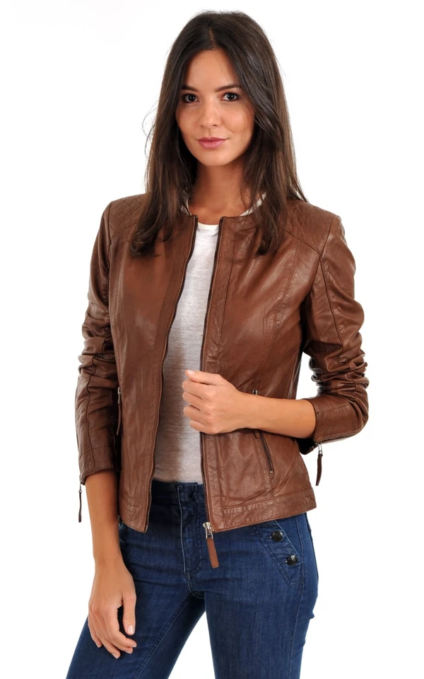 Women Leather Biker Jacket Genuine Brown Leather Bomber Jacket XS-2XL FB112 - Image 3 of 4