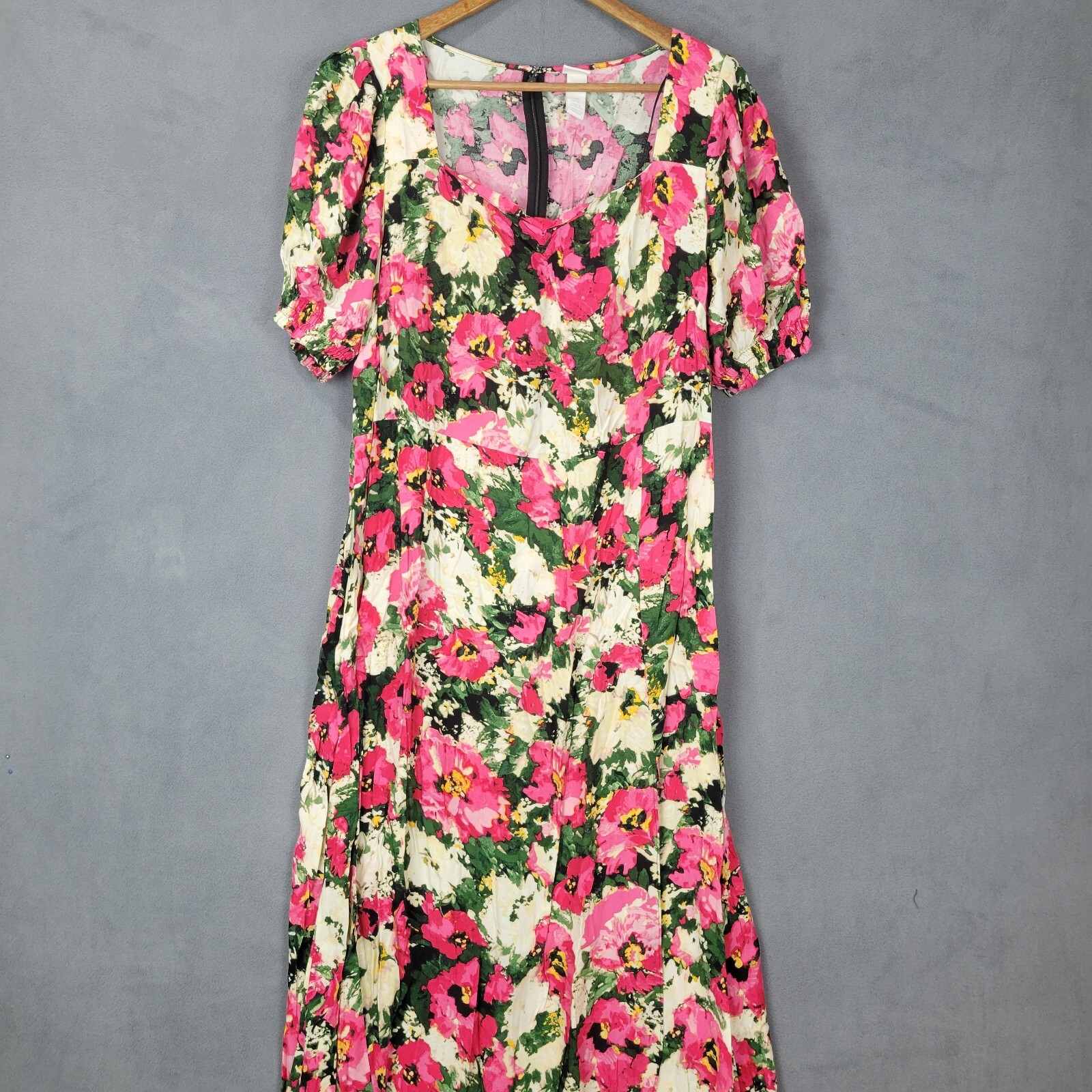 H&M Midi Dress Womens XL Multicolor Floral Square Neck Puff Sleeves Smocked Hems