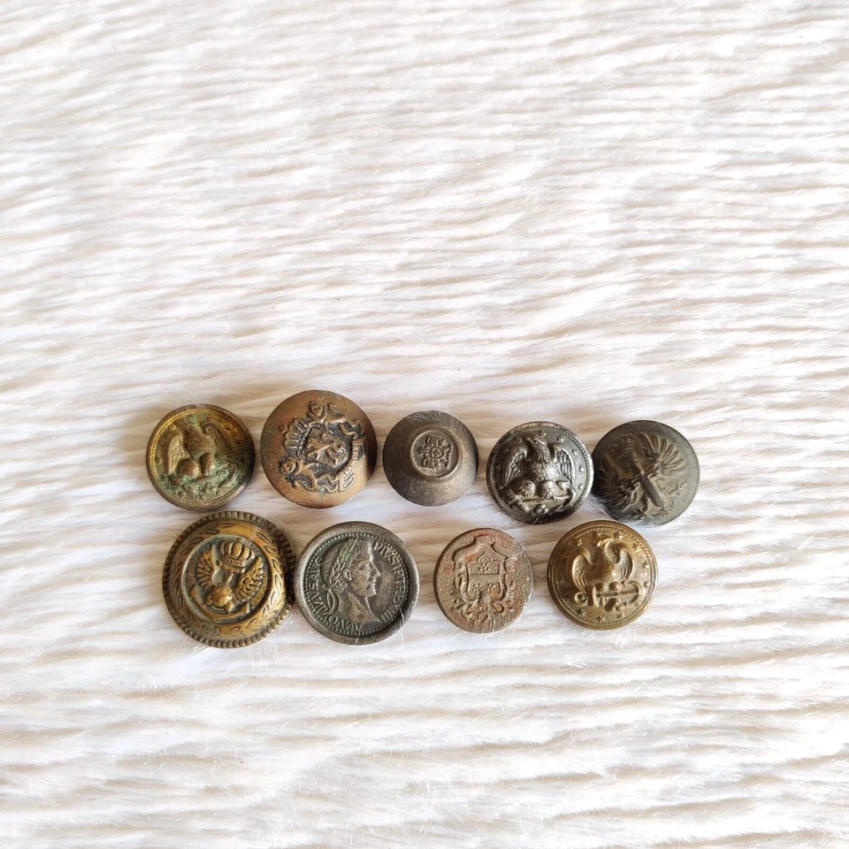 Antique Dieu ET Mon Droit Eagle Multi Design Brass Round Button 9 Pc BTN96 - Image 3 of 4