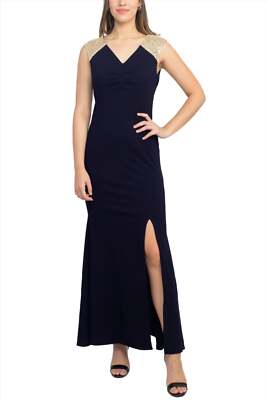 SL Fashion V-Neck Sequined Shoulder Sleeveless Slit Front Zipper Back Dress NAVY / 10 SL Fashion V-Neck Sequined Shoulder Sleeveless Slit Front Zipper Back Dress NAVY / 10