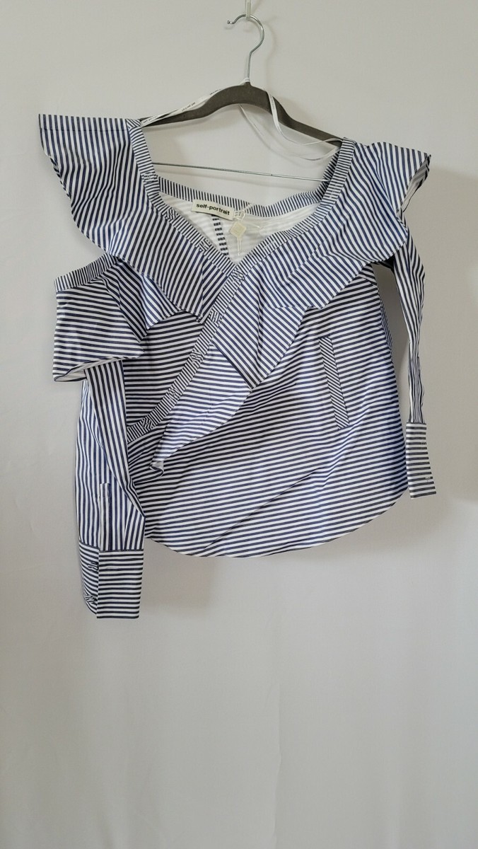 $460 Self Portrait Striped Ruffle Detail Off Shoulder