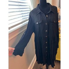 White Birch Sz L linen blend blk button down long sleeve full knee length dress