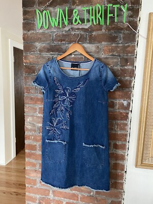 Nanette Lepore Embroidered Floral Denim Chambray Pockets Shift Dress S NWOT 