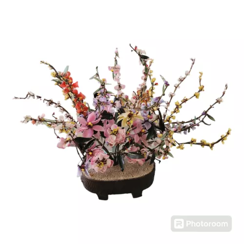 Vtg Oriental Glass Jade Petal Tree w/Flowers in Pot HUGE Arrangement 24" W x 18"