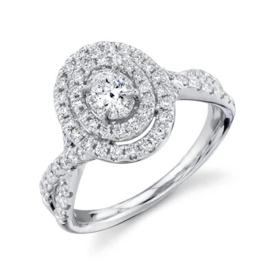 Oval Diamant Verlobungsring 14K Weiss Gold Doppel Halo Twist Split Band Schaft - Bild 1 von 4