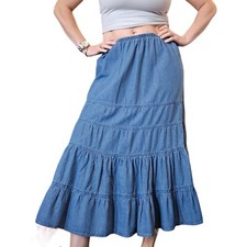 90s Womens Large Denim Jean Tiered Skirt Western Pullon Maxi Long Boho Cowgirl