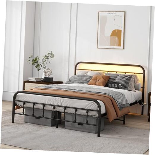 Queen Size Bed Frame with Charging Station,Metal Platform Bed with LED