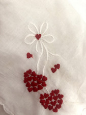 Vtg New SQUARE Scalloped Embroidered Red Heart HANDKERCHIEF VALENTINE DAY Hankie