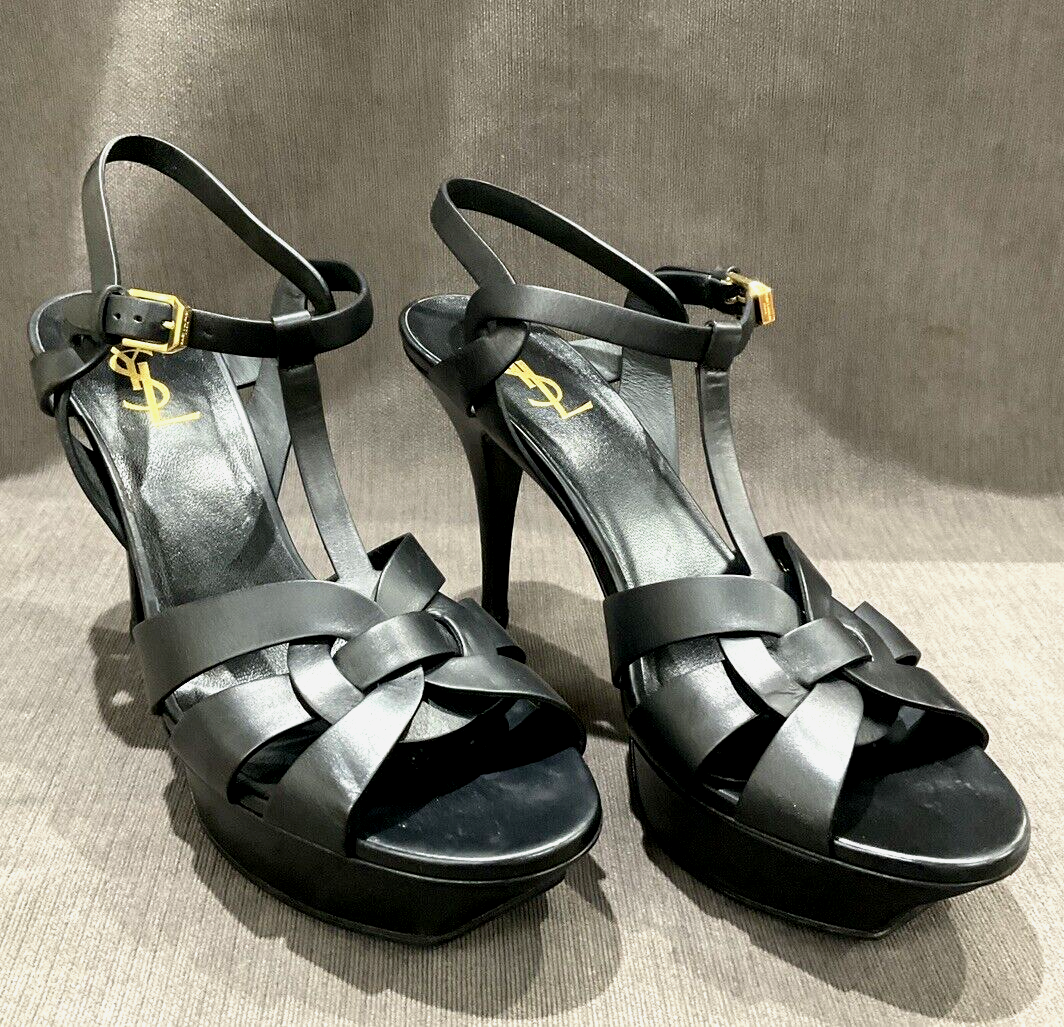 Sandali con tacco YSL Saint Laurent Tribute cinturino a T in pelle nera plateau US 10 5