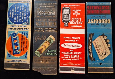 4 VINTAGE MEDICAL MATCHBOOK COVERS- FLAXO, WALGREENS, BROMO, GOLD'S DRUG STORE