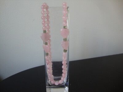 VINTAGE BEAD MEDLEY AVENTURINE JADE ROSE QUARTZ HEARTS 30'' ENDLESS BEAD NECKLACE
