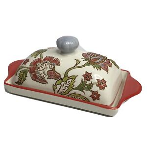 Dutch Wax Ceramic Covered Butter Dish Hand Painted Lid Floral Red Blue Green 