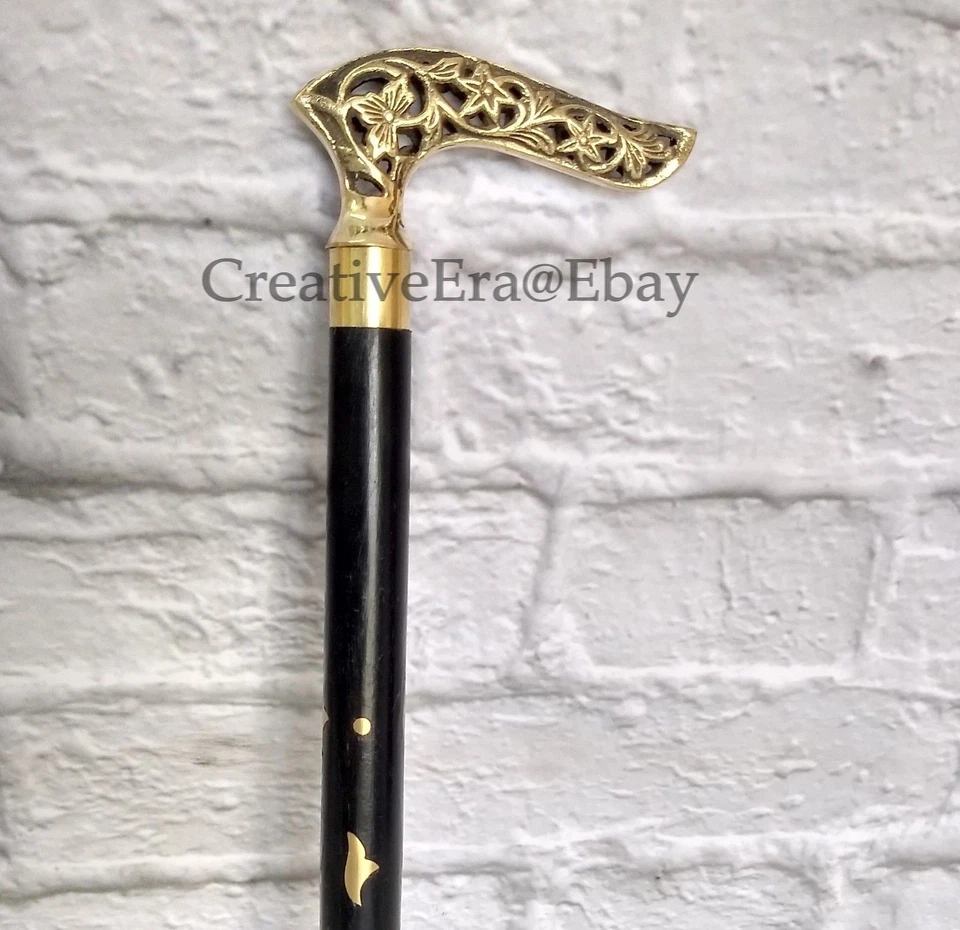 Bastón antiguo con mango de lobo victoriano de madera negra con incrustaciones de latón regalo Foto 4 de 4