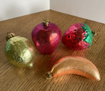 Glass Glitter Fruit 3'' Ornament Lot of 4 Apple Banana Lemon Strawberry Christmas