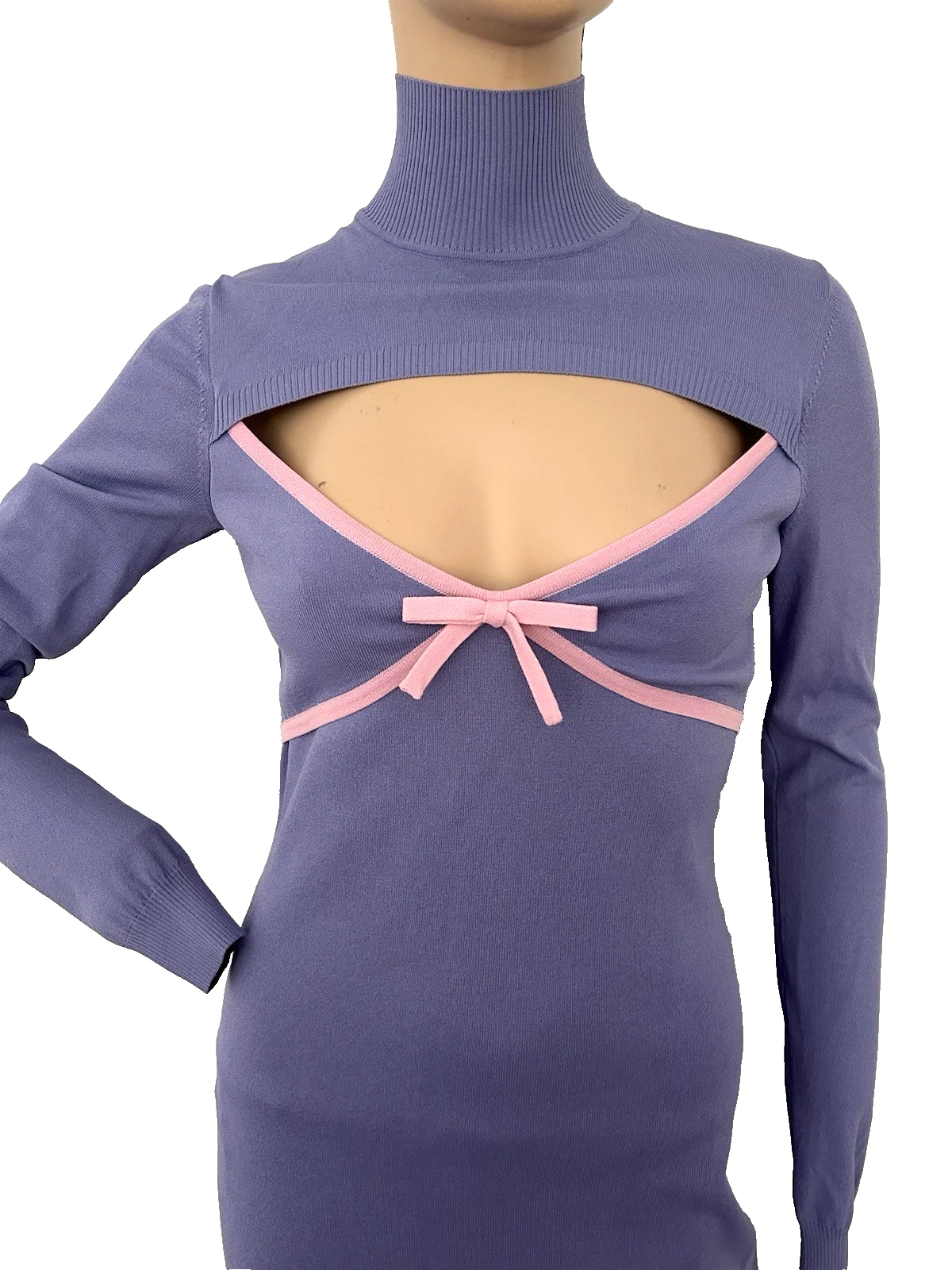 MOSCHINO JEANS mini abito rosa lilla ritagliato manica lunga UK 8 US 6 IT 40 NUOVO