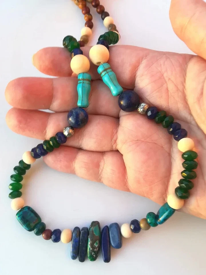 COLLANA NATIVI AMERICANI TURCHESE GIADA AZZURITE LAPISLAZZULI ZAFFIRI E ARGENTO - Immagine 4 di 4