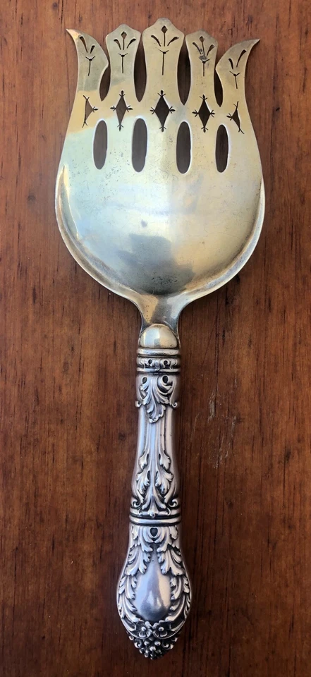Tenedor para servir espárragos de 1900, plata de ley, lavado en oro, rococó, grande 10" raro Foto 3 de 4