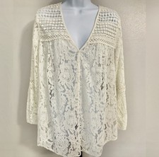 KAREN KANE Seascape Multi-lace Sheer Top Ivory Color Vneck Buttons Sz L 118 NWT