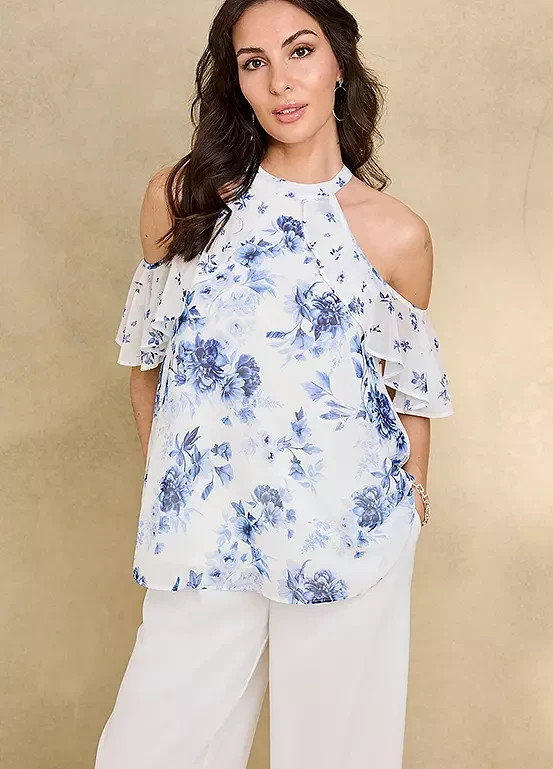 Blouse blue floral ruffle cold shoulder top by Together Size 12 BNWOT RRP £48