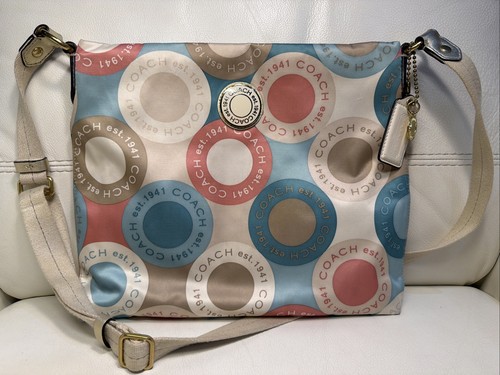 Coach Rare Snap head multicolor Crossbody Logo Pastel Blue Pink Purse Bag Tan