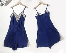 Ladies Girls 100% Silk Bodysuit Jumpsuit Camisole & Shorts Sleepwear Navy