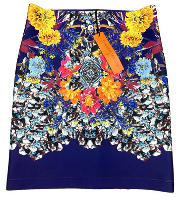 Clover Canyon Pencil Skirt Size Medium Made In USA Flowers Turquoise Navy FUN!