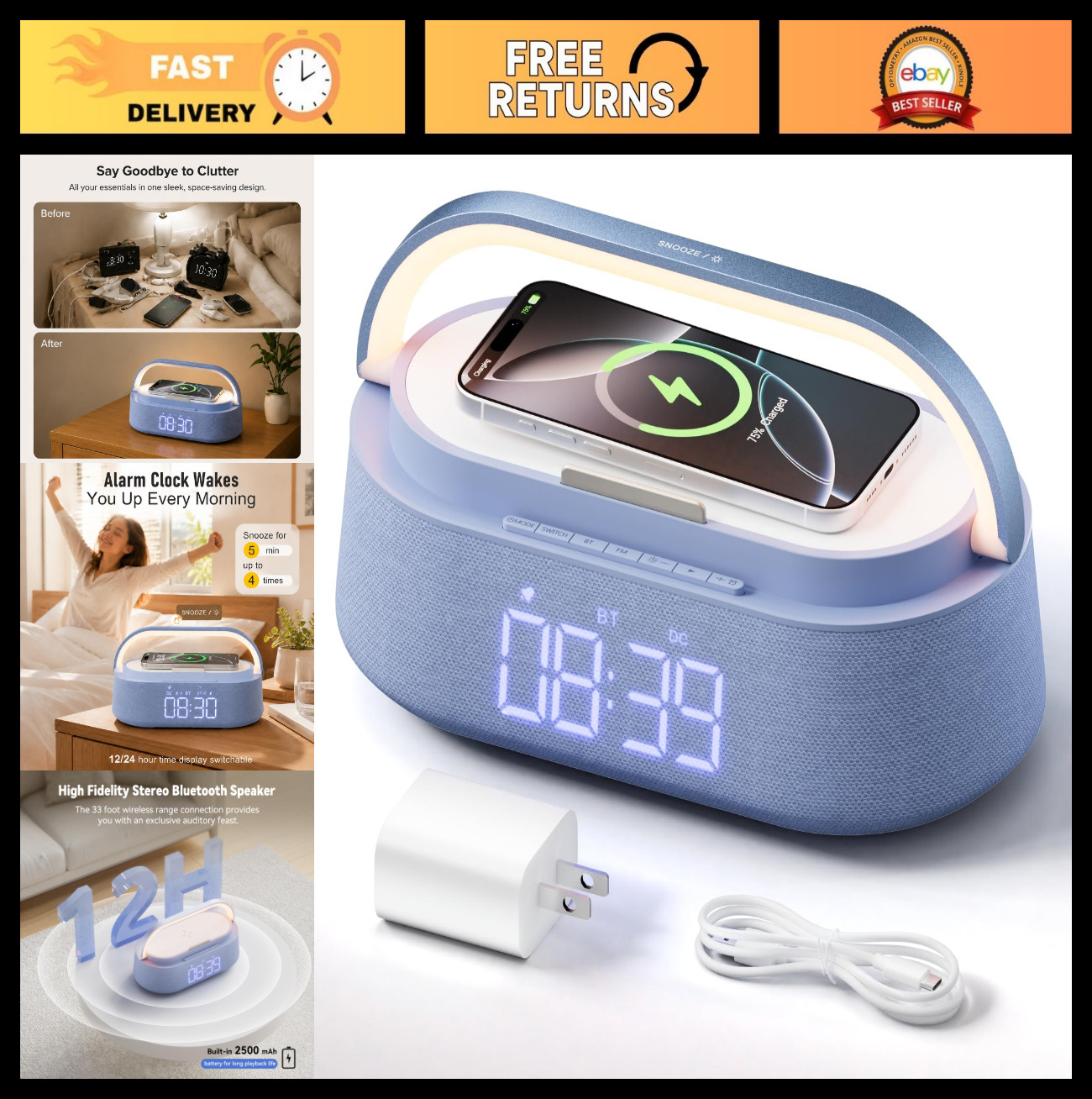 6-in-1 Bluetooth Alarm Clock with Wireless Charger & USB Port - Smart LED Displa
