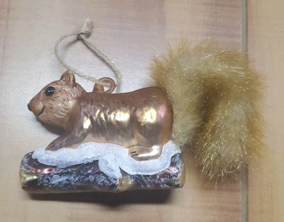 Squirrel Christmas Ornament Hand Blown Glass Animal Plush Fur Tail 5''