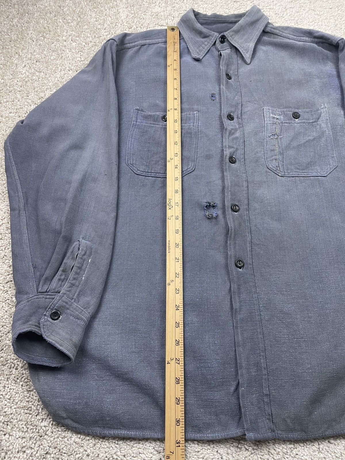Vintage 30s Montgomery Ward Flannel Shirt XL Blue Sanforized Distressed Faded image 5