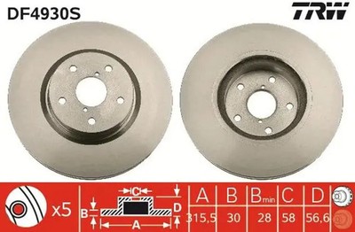 2x Bremsscheibe belüftet DF4930S TRW für SUBARU OUTBACK TRIBECA LEVORG LEGACY VI
