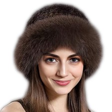 Valpeak Womens Winter Hat Knitted Mink Real Fur Hats with Fox One Size, Brown
