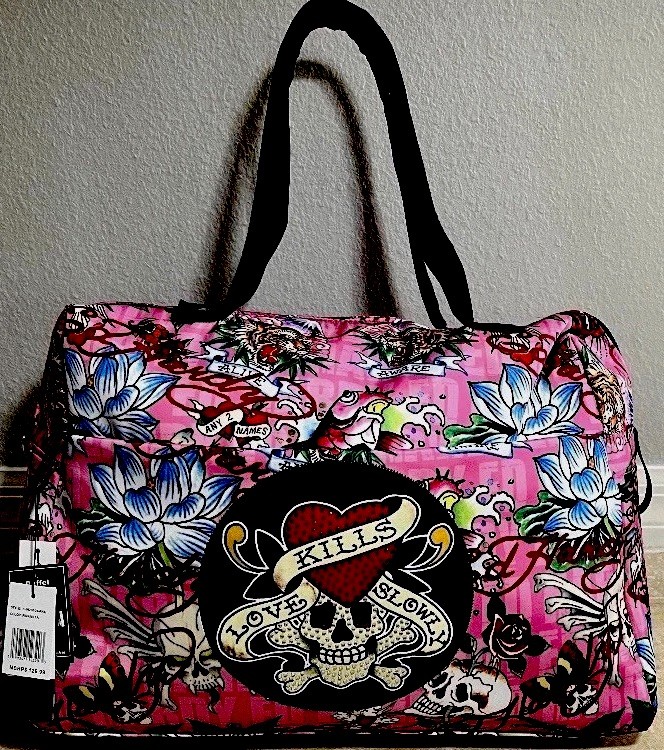 Ed Hardy Floral Pink Multicolor Polyester Carry On Duffle Bag 19"-22" Strap