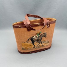 Vintage Equestrian Horse Jockey Woven Canvas Tote Bag Purse Brown Trim