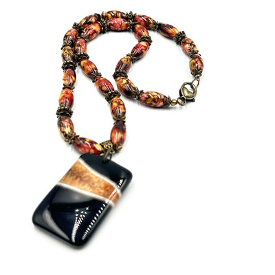 Simulated Red Fire Agate Jasper Pendant Necklace Polished Beads Bronze Spacers