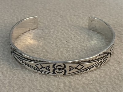 Vintage Navajo Rudy Willi Sterling Silver Hand Stamped Bracelet 20 grams