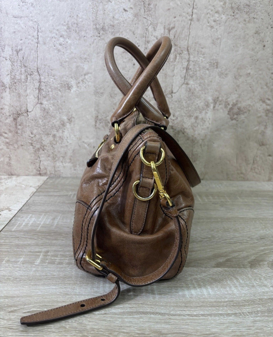PRADA Vintage Vitello Leather 2Way Shoulder Hand Bag Brown Rare W/strap Medium image 4