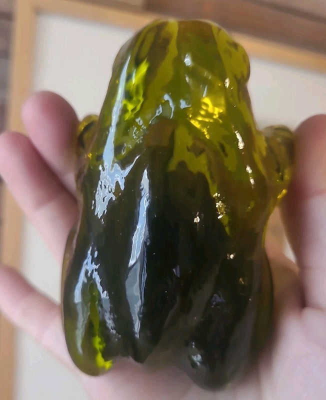 Vintage Olive Green Blenko? Mid Century Glass Frog Paperweight 3 3/4"