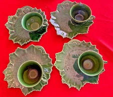 Vintage 1940's STEUBENVILLE Woodfield Dark Green 8 Piece Set of 4 Snack Sets