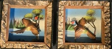 Pair of VTG Enesco 3D Shadow Box Picture Game Birds Pheasant Hand Painted 6.6"