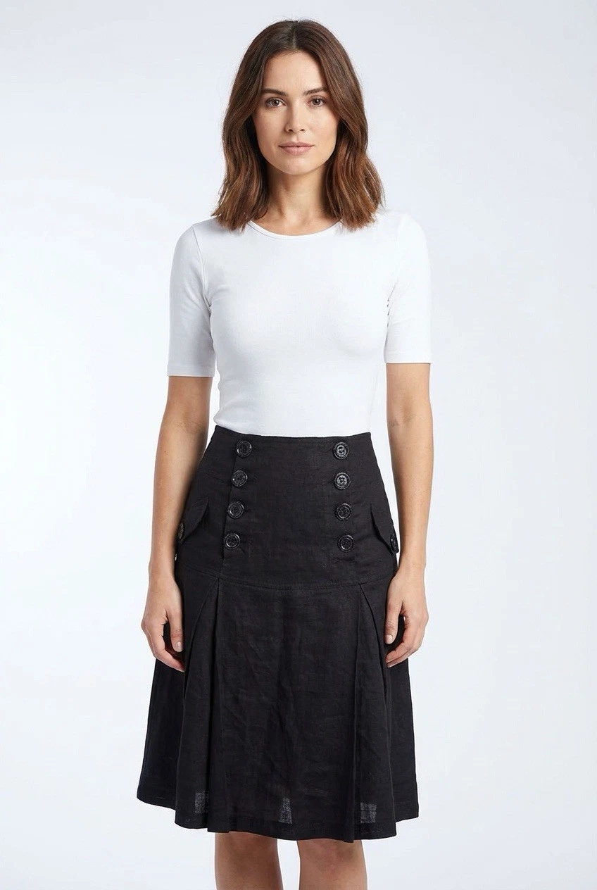 Carole Little Black Linen Sailor Skirt Women's Size 6 Button Front A-Line Preppy