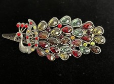 Vintage Peacock Rhinestone Brass Tone Large Hair Barrette Clip