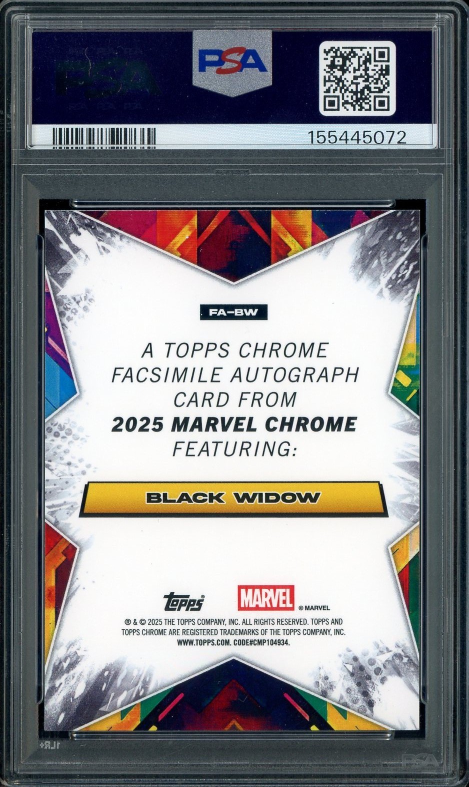 2025 Topps Chrome Marvel Sapphire Black AUTO Black Widow 3/10 PSA 9 POP 1 view 2