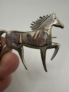 Calvin Begay Navajo Sterling Silver Horse Brooch Pin Fire Opal Inlay Signed 2”
